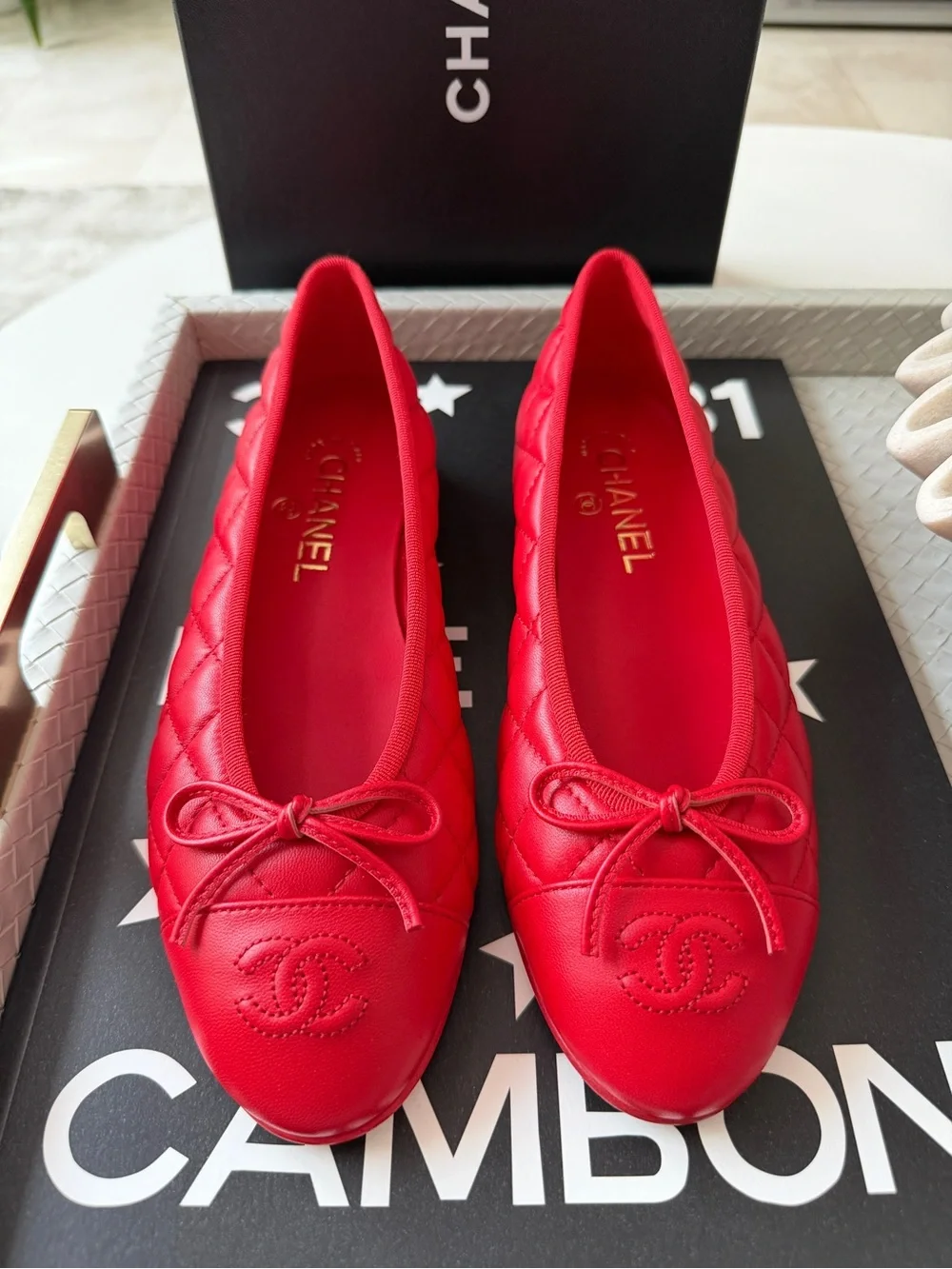 Chanel 26B Blazy Leather Quilted Red Agneau Rouge CC Logo Ballet Flats 38.5